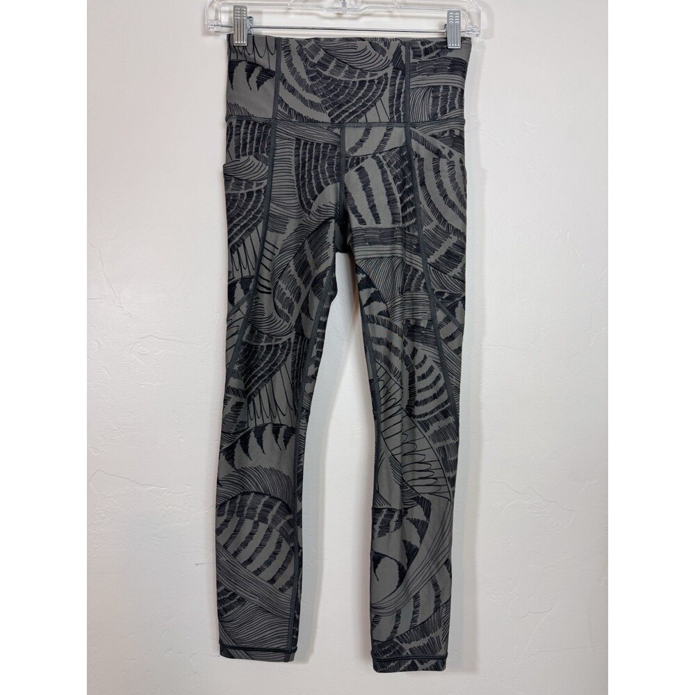 Athleta Womens Gray Palm Leaf Print Leggings Stash Pocket Size XSmall 24" Waist